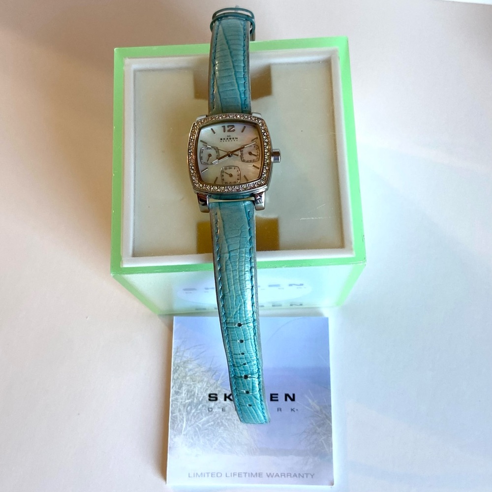 Skagen Mother of Pearl & Crystal Watch with Turquoise Crocodile Band - Picture 7 of 11